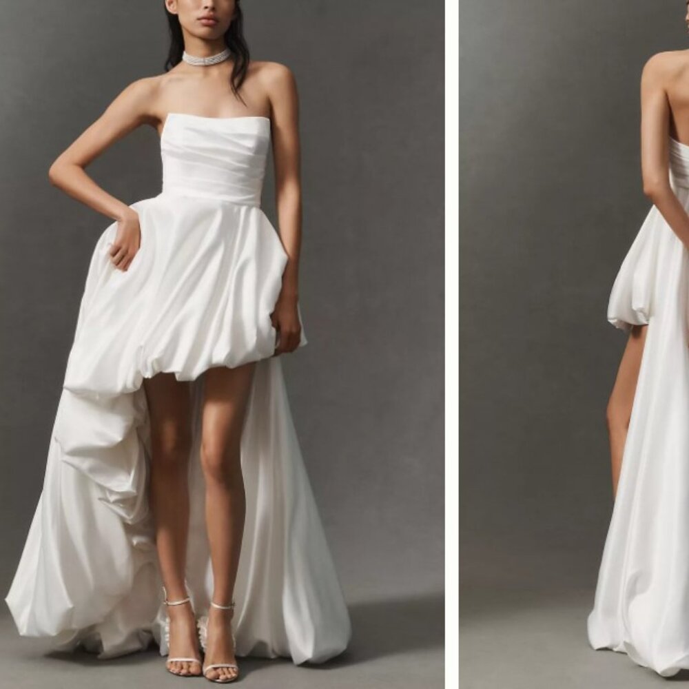 Mac Duggal Strapless Asymmetrical Satin Bubble Maxi Wedding Dress SIZE 12